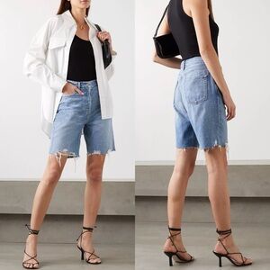 Revolve Grlfrnd Step It Up Distressed Bermuda Denim Shorts 25 High Rise Marjan
